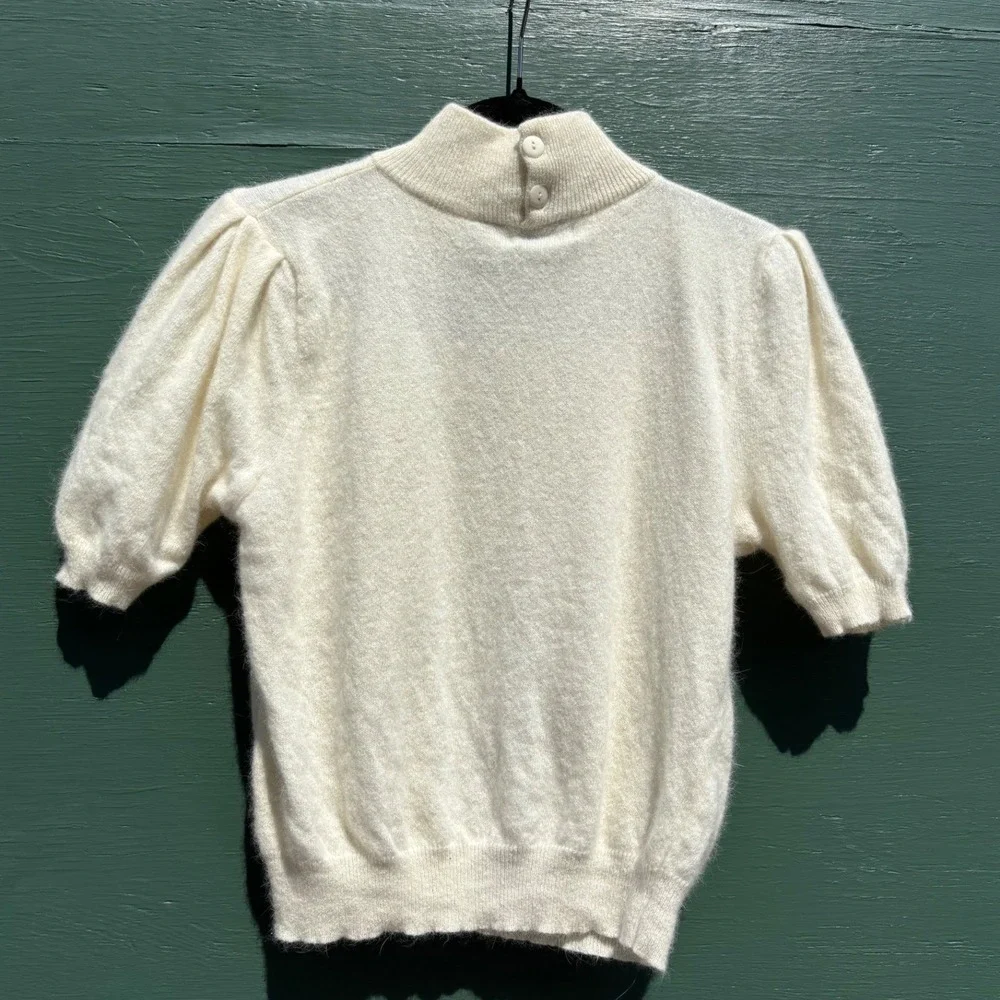 Cream Angora Lambswool Puff Sleeve Mock Neck Sweater Vintage 80s S Preppy Lux